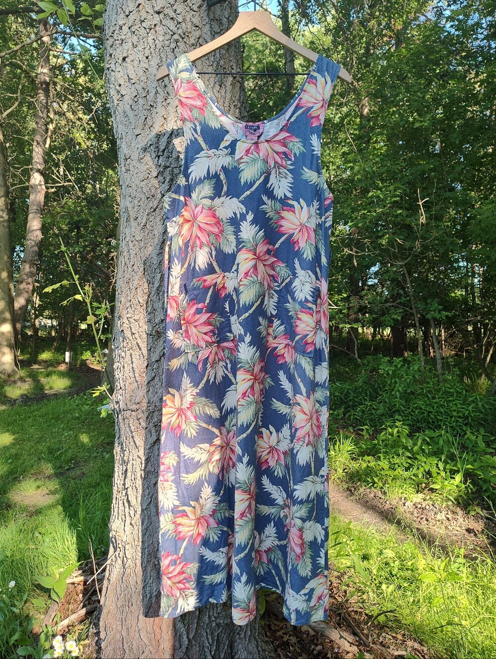 Navy Tropical Print Tank Maxi Dress Beachy Scoop Linen Cambridge Country Store L